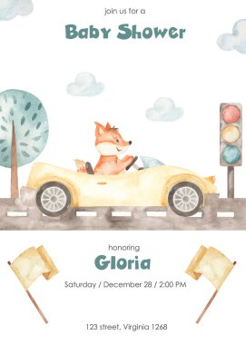 Yarış arabası, tilki, yol, çocuk için ağaçlar. Suluboya bebek partisi. El çizimi illüstrasyon