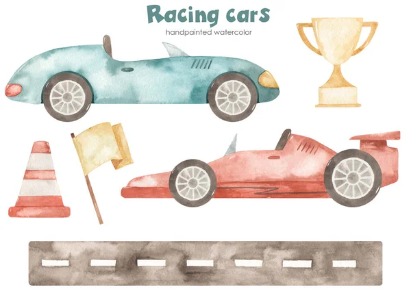 Racing cars, road, flag, trophy, traffic cone, boy. Watercolor children\'s set. Hand drawn clipart