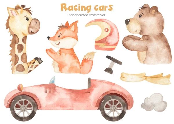 Racing cars, fox, giraffe, bear, steering wheel, scarf, racer helmet, smoke. Watercolor children\'s set. Hand drawn clipart