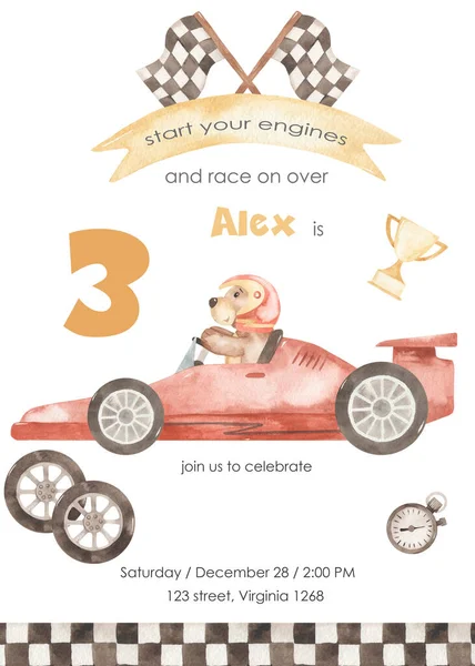Race car, bear, finish flags, timer, trophy. Watercolor boy birthday invitation card. Hand drawn illustration