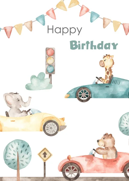 Voitures Course Animaux Feux Circulation Carte Aquarelle Enfants Joyeux Anniversaire — Photo