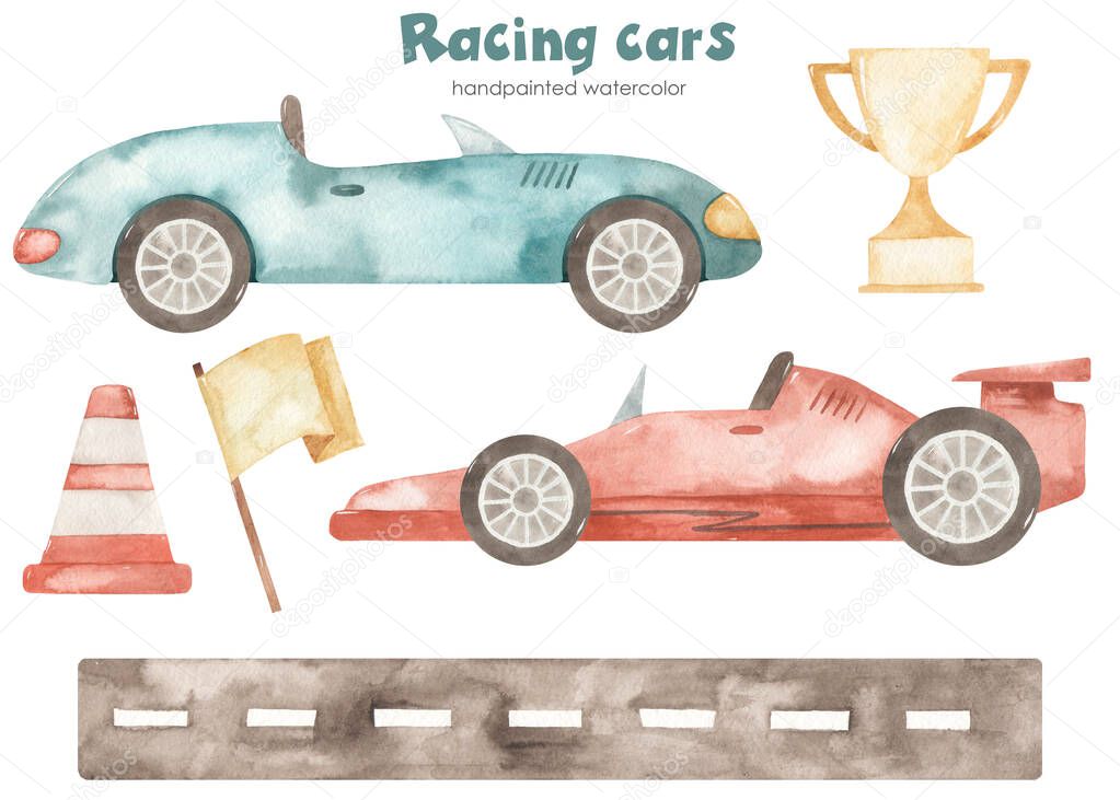Racing cars, road, flag, trophy, traffic cone, boy. Watercolor children's set. Hand drawn clipart