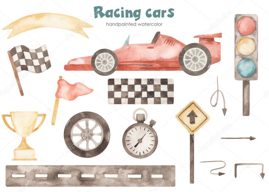 Racing cars, road, flag, trophy, traffic light, start line, timer, finish flag, boy. Watercolor children's set. Hand drawn clipart