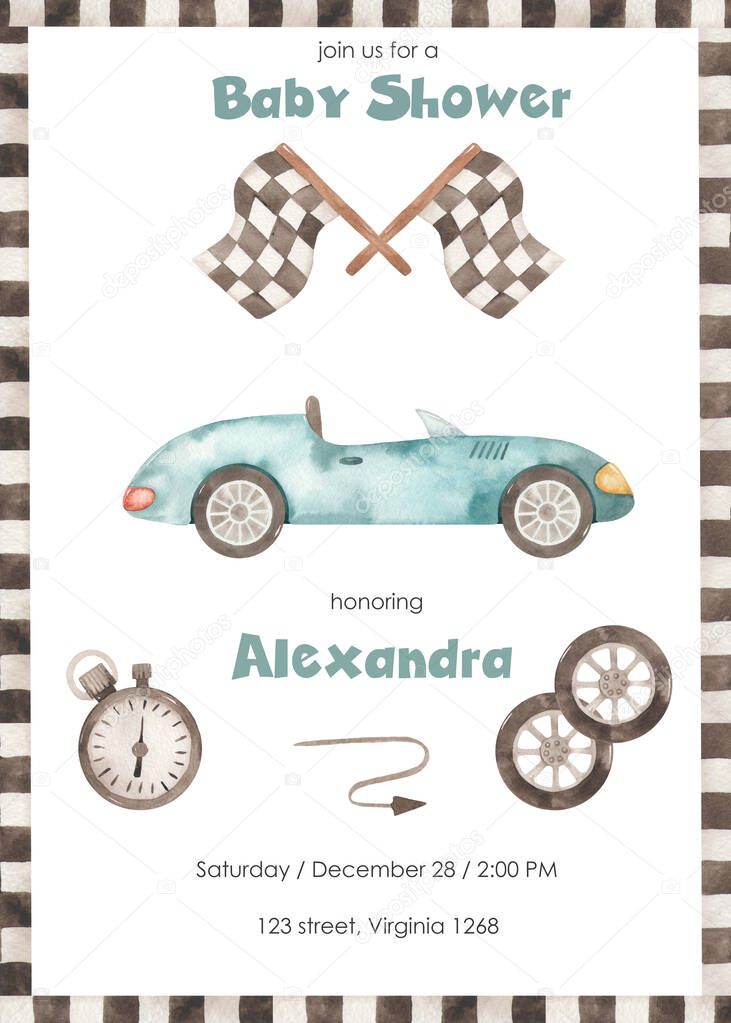 Race car, timer, finish flag, wheels. Watercolor baby shower. Hand drawn illustration