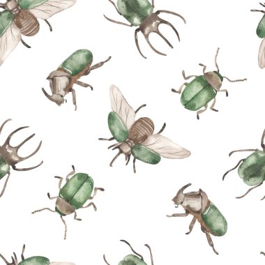 Beyaz arka planda yeşil gergedan böcekleri. Suluboya kusursuz desen. El çizimi illüstrasyon