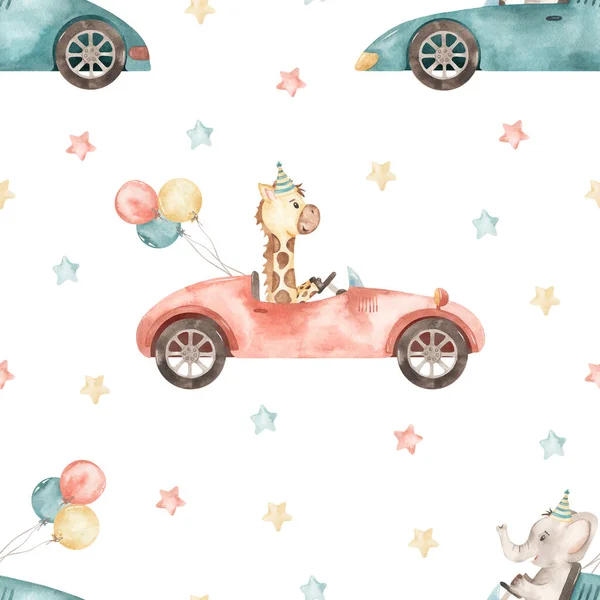 Racing Cars Elephant Giraffe Stars Birthday White Background Watercolor Seamless — Stock Photo, Image