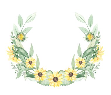 Ayçiçekleri, yapraklar, yeşillikler, dallar, tomurcuklar, böğürtlenler. Suluboya el çizimi çelenk