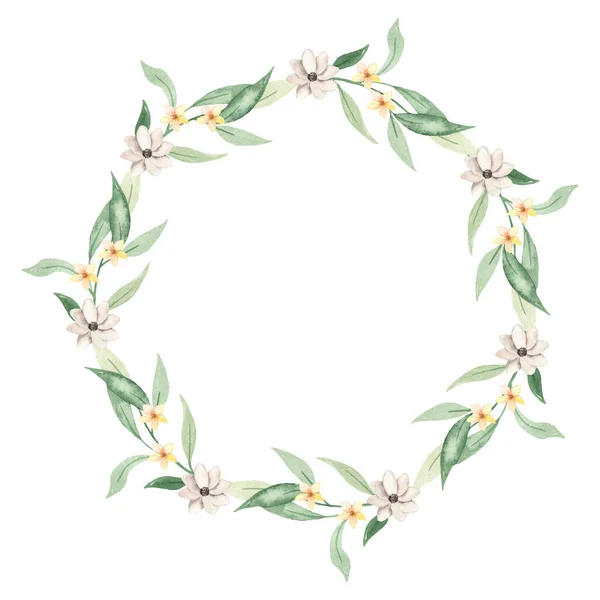 Leaves Branches Flowers Small Flowers Watercolor Hand Drawn Wreath — Stock Photo, Image