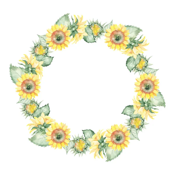 Blumen Sonnenblumenkerne Blätter Sonnenblumen Seitlich Aquarell Handgezeichneter Kranz — Stockfoto
