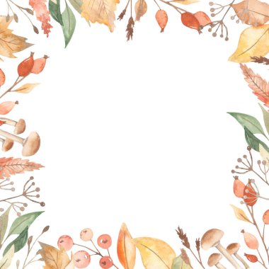 Sonbahar yaprakları, böğürtlen, mantar, dallar, kurumuş çiçekler. Suluboya el çizimi çerçeve