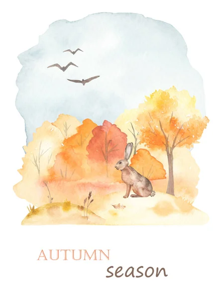 Autumn Landscape Autumn Forest Hare Tree Glade Watercolor Card Hand — Stock Photo, Image