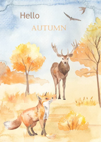 Autumn landscape, autumn forest, deer, fox, trees, bushes. Watercolor card. Hand drawn illustration