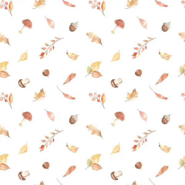 Autumn Leaves Berries Mushrooms Branches White Background Watercolor Seamless Pattern — Stock Photo, Image