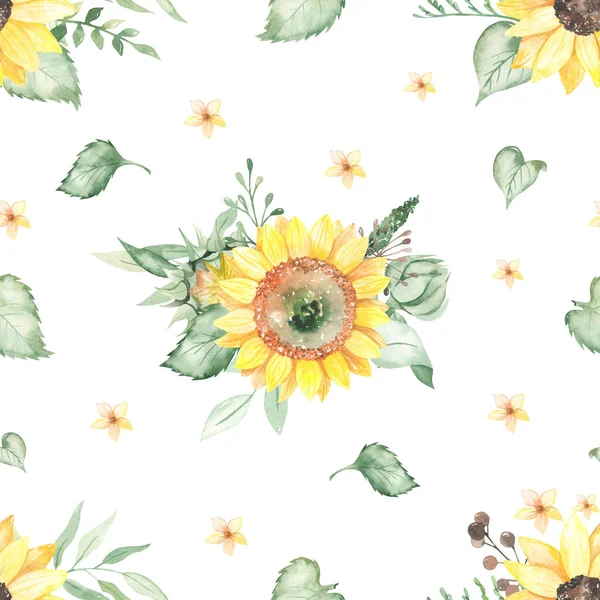 Kytice Slunečnice Květiny Poupata Listy Větve Bílém Pozadí Akvarel Bezešvný — Stock fotografie