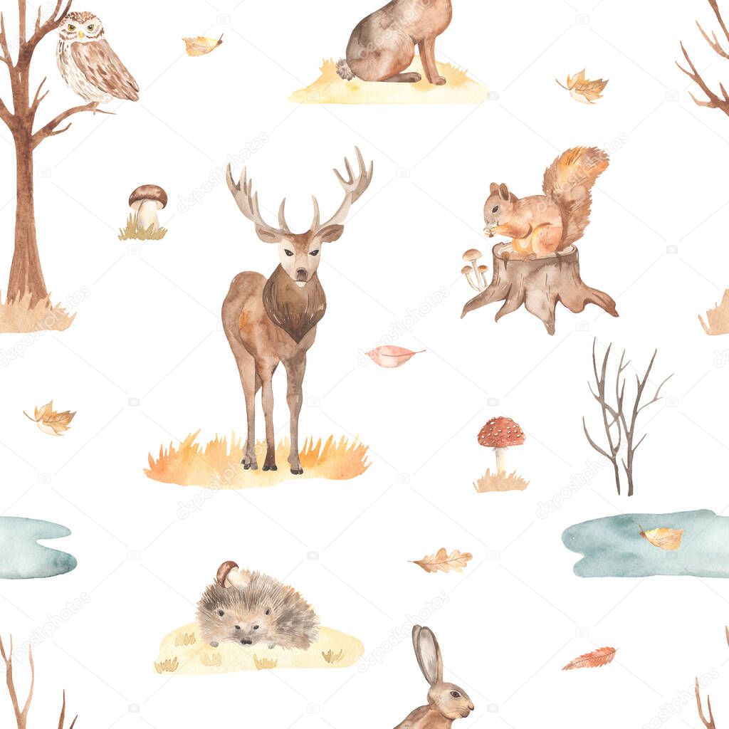 Autumn landscape, deer, hare, owl, squirrel, autumn bushes, puddle, autumn leaves on a white background. Watercolor seamless pattern