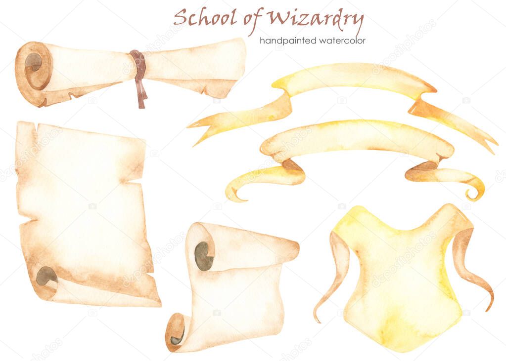 Magic scrolls, ribbons, papipus, letters, paper. Watercolor hand drawn clipart
