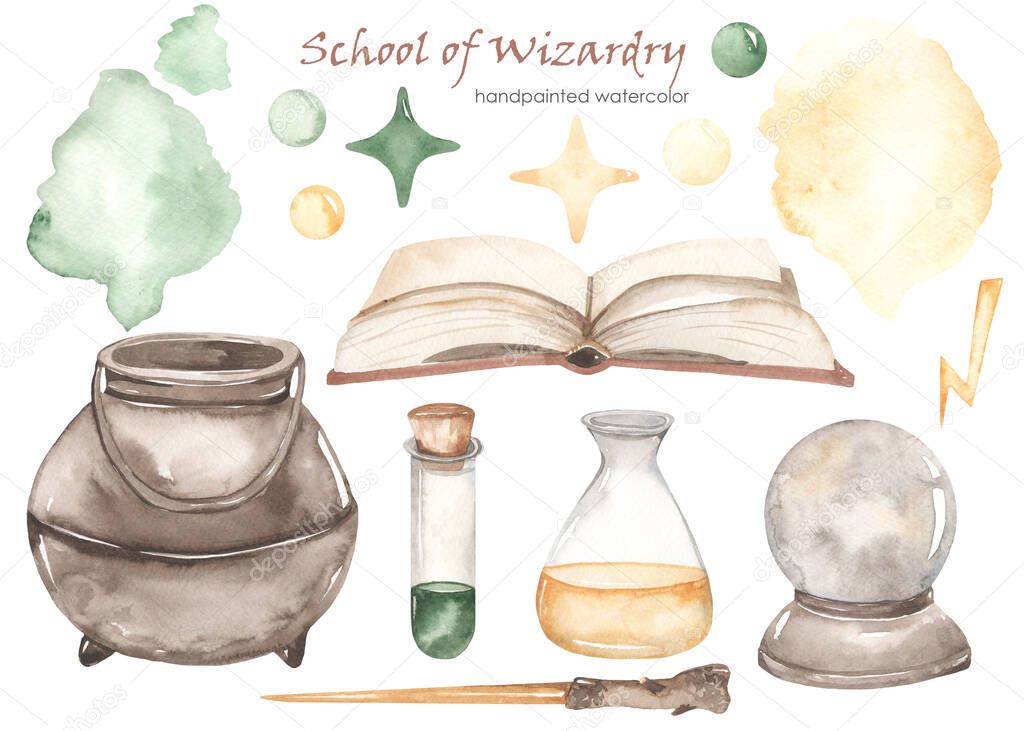 Potion, cauldron, book of magic, magic wand, elixirs, crystal ball. Watercolor clipart School of Wizardry