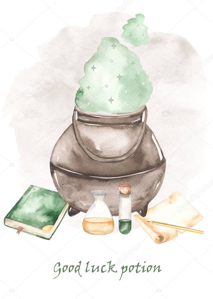 Magic potion in a cauldron, a book, parchment, flasks. Good luck potion. Watercolor hand drawn card