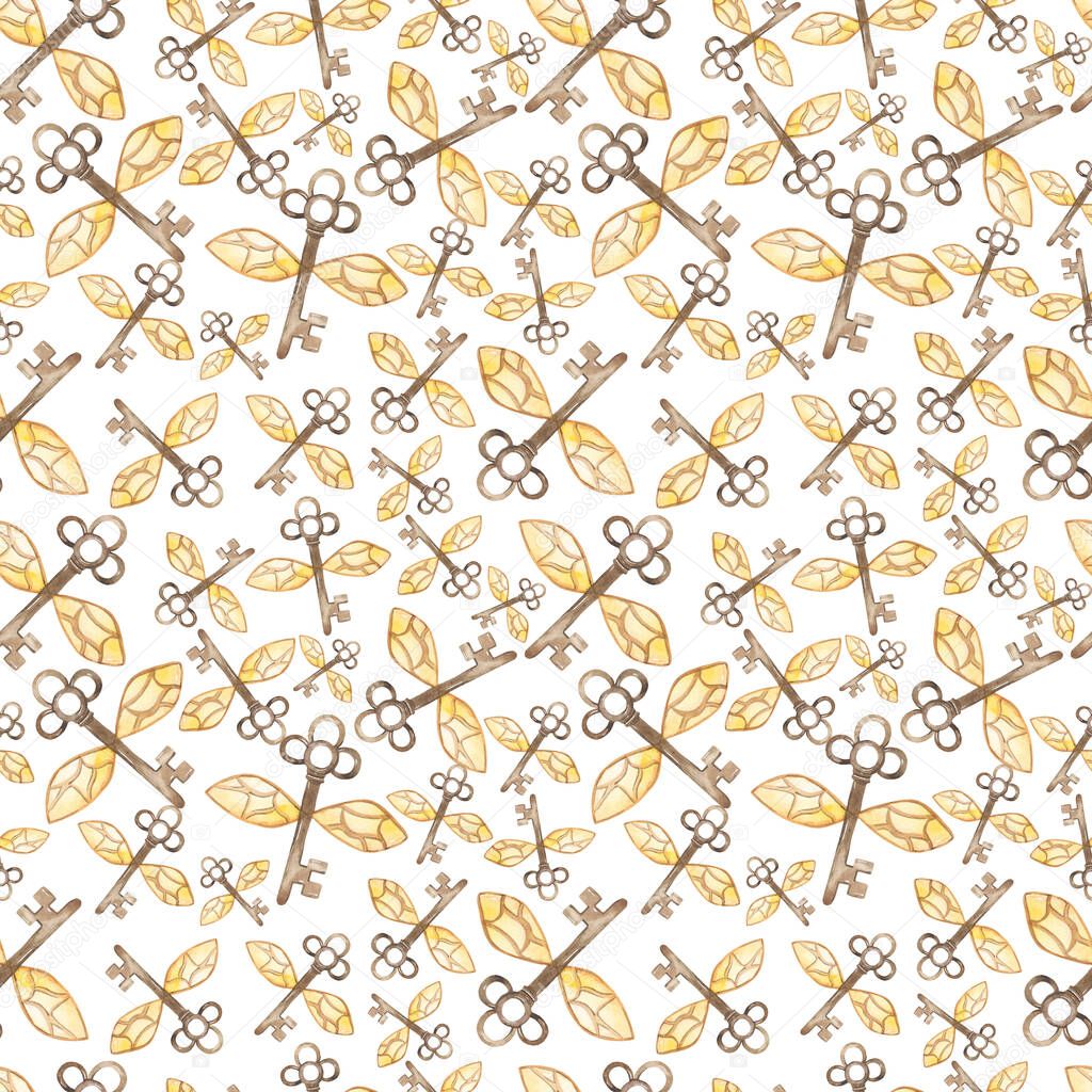 Magic flying keys on a white background. Watercolor hand drawn seamless pattern