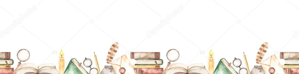 Magic school objects, books, inkwell, magnifying glass, glasses. Watercolor hand drawn seamless border