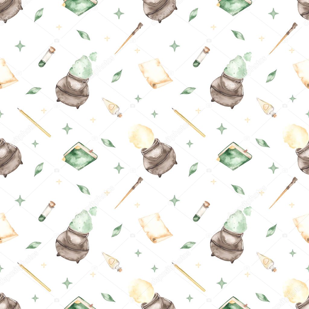 Magic potion of luck, potion, book, magic wand, flasks on white background. Watercolor seamless pattern