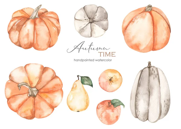 Oranje Witte Pompoenen Appels Peer Aquarel Clipart Herfst Tijd — Stockfoto