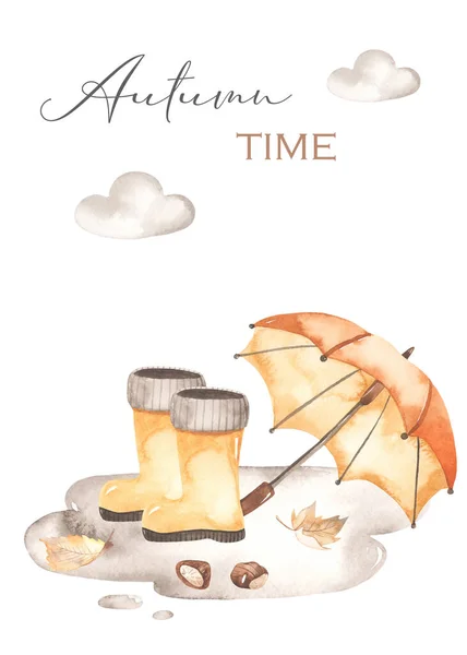 Puddle Rubber Boots Autumn Leaves Umbrella Watercolor Card Autumn Time — Stock Photo, Image
