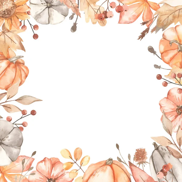 Pumpkins Autumn Flowers Leaves Berries Branches Watercolor Square Frame — Stock Photo, Image