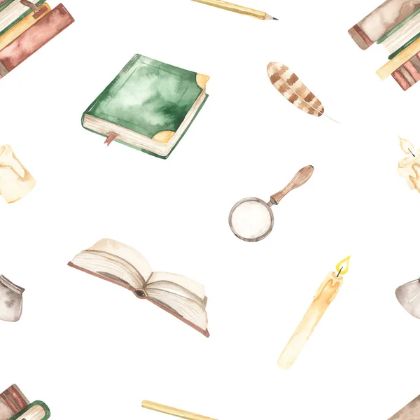 Magic items, books, feathers, ink, candles, magnifying glass on a white background. Watercolor seamless pattern