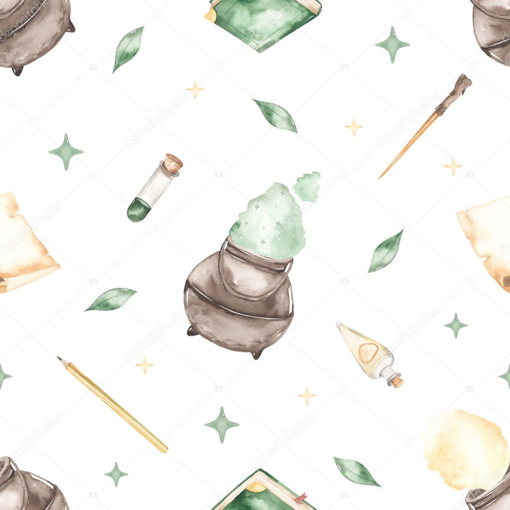 Magic potion of luck, potion, book, magic wand, flasks on white background. Watercolor seamless pattern