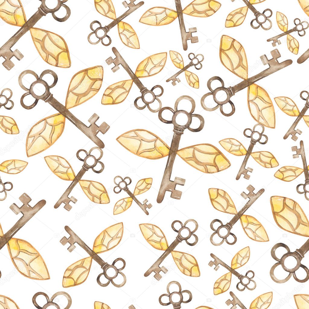 Magic flying keys on a white background. Watercolor hand drawn seamless pattern