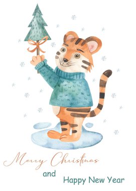 Christmas tiger with tree, new year, symbol of the year 2022. Watercolor card Merry Christmas clipart