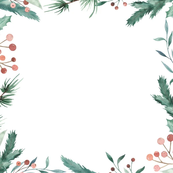 Leaves Fir Branches Berries Pine Branches Watercolor Square Christmas Frame — Stock Photo, Image