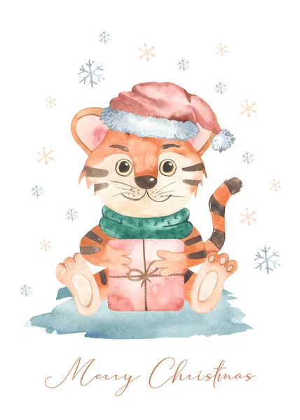 圣诞老虎头戴圣爪帽 2022年新年 象征新年 水彩画圣诞快乐卡 — 图库照片