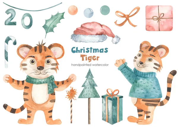 Рождественский Тигр Символ 2022 Года Елка Шляпа Санта Клауса Подарок — стоковое фото