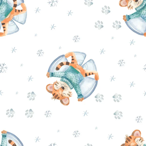 Christmas tiger, snow angel, new year 2022, symbol of the year, snowflakes, footprints in the snow on a white background. Watercolor seamless pattern