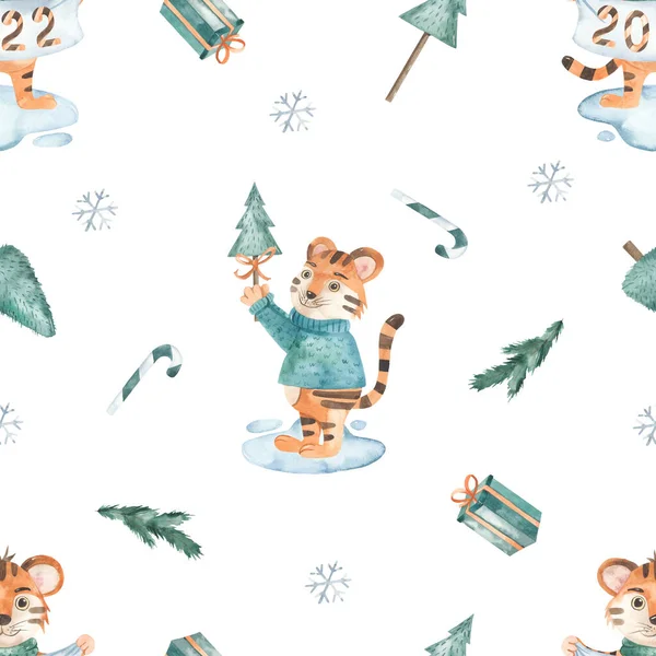 Рождественский Тигр Плакатом Елкой Новый 2022 Год Символ Года Снежинки — стоковое фото