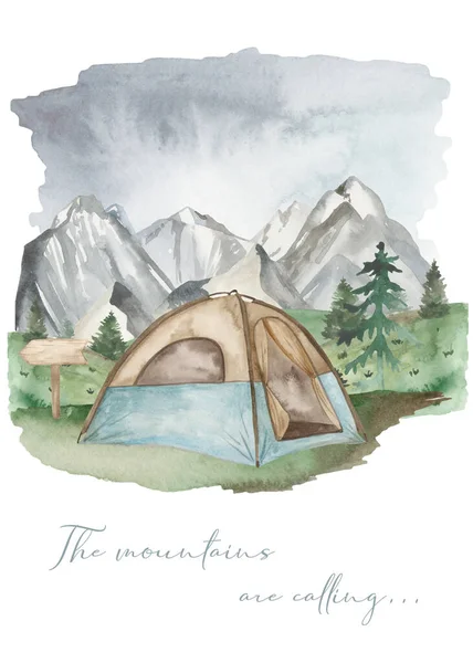 Tente Dans Les Montagnes Montagnes Appellent Aquarelle Carte Préfabriquée — Photo