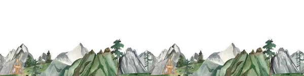 Ountains House Mountain Pines Firs Watercolor Seamless Border — 스톡 사진