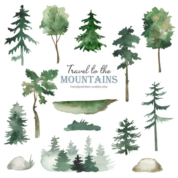 Cestování Hor Stromy Jedlemi Borovicemi Kameny Akvarel Set — Stock fotografie