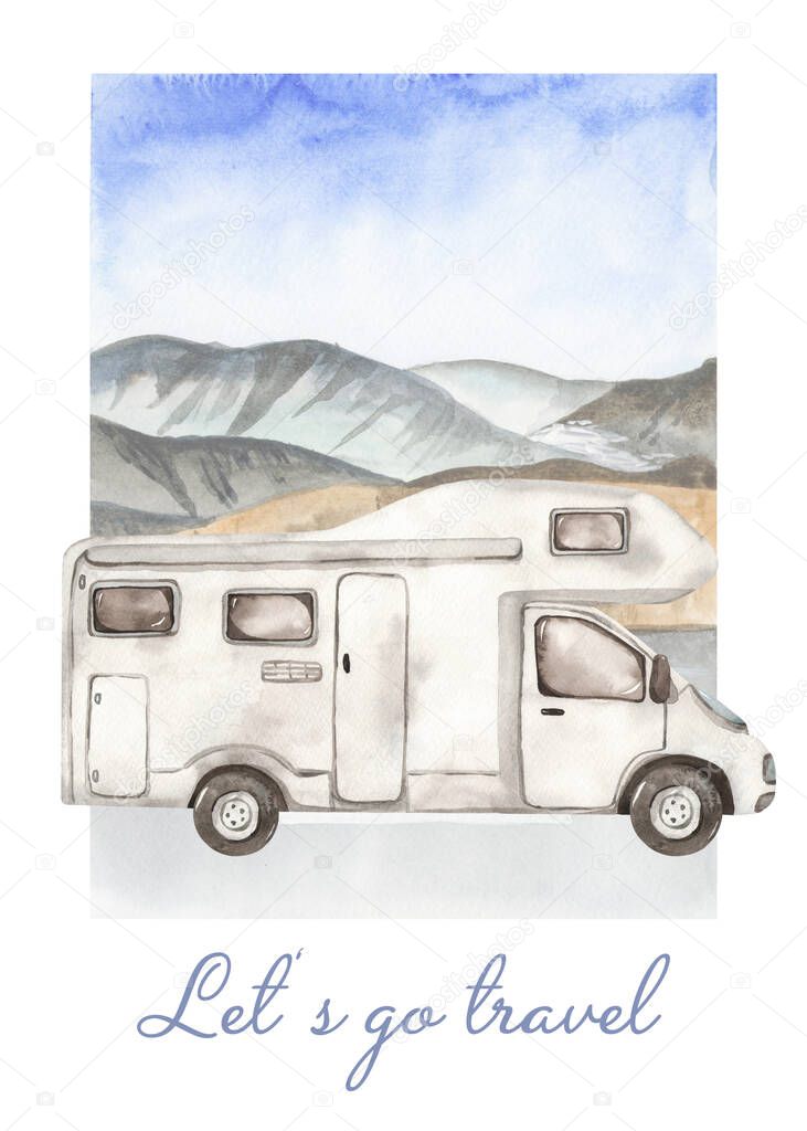 Travel car, motor home, on the road in the mountains Watercolor card Time to travel 