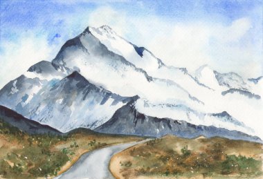 Uzaktan ayrılan yol ve bir çayırlık Bir dağın suluboya manzarası 