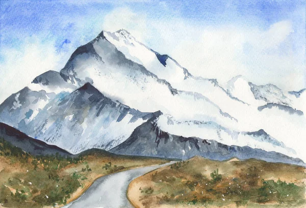 Route Partant Loin Prairie Paysage Aquarelle Une Montagne — Photo