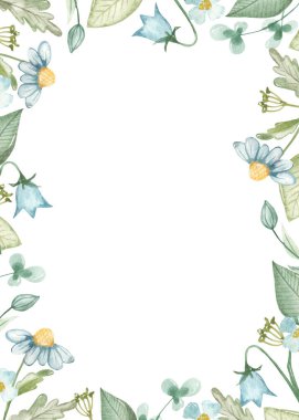 Çerçeveli çiçekler, papatyalar, çanlar, yapraklar, bahçe perileri Dikdörtgen boyalı suluboya 