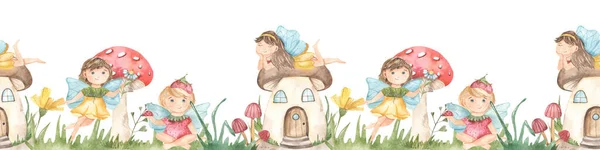 Border with garden fairies, fairy house, flowers Watercolor seamless