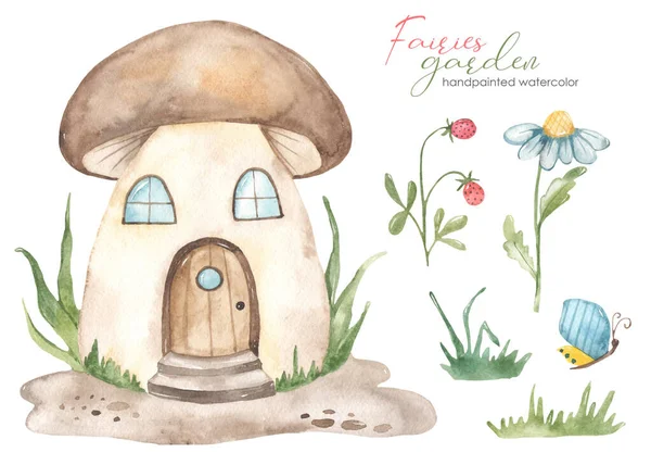 Haus Für Feen Pilze Blumen Beeren Gras Gartenfeen Aquarell Set — Stockfoto