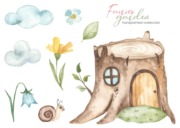 House for fairies with a tree stump, flowers, clouds, a snail Garden fairies Watercolor set