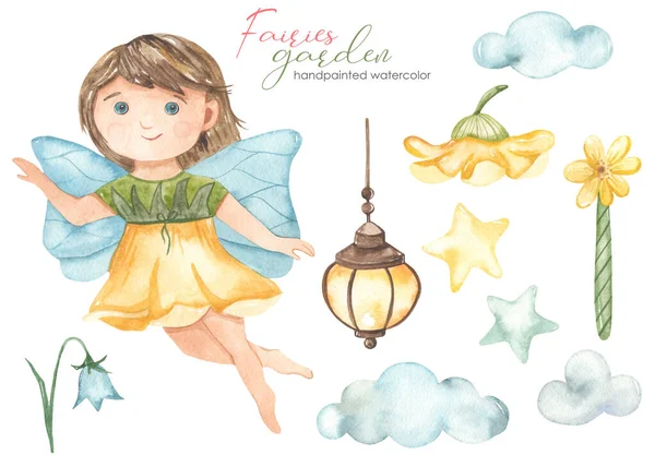 Flying Garden Fairy Estrellas Nubes Varita Mágica Linterna Acuarela Conjunto —  Fotos de Stock