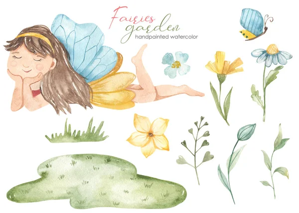 Trädgård Älva Liggande Äng Blommor Gräs Fjäril Akvarell Set — Stockfoto