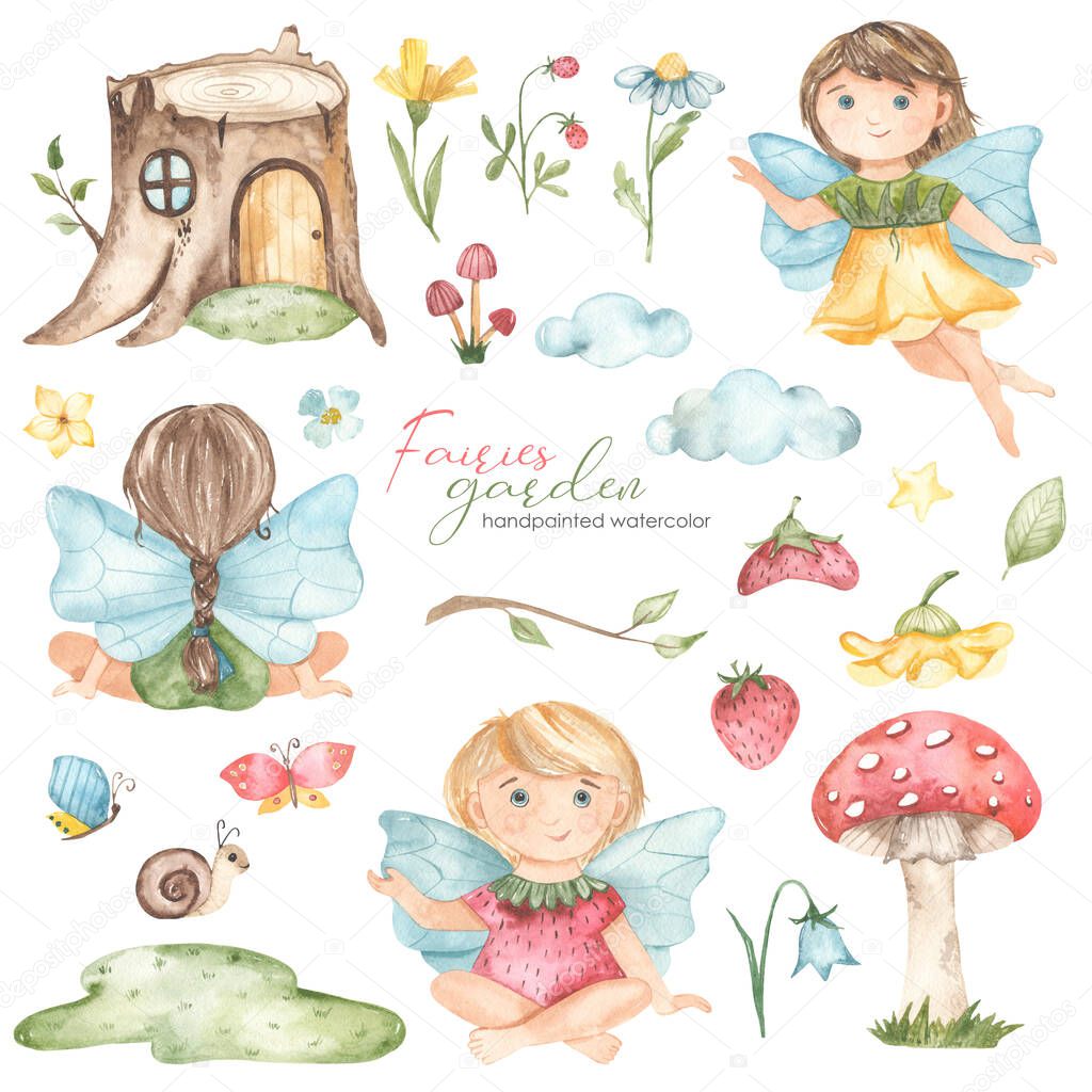 Garden fairies, fairy houses, mushrooms, flowers, berries, butterflies, clouds Watercolor set 
